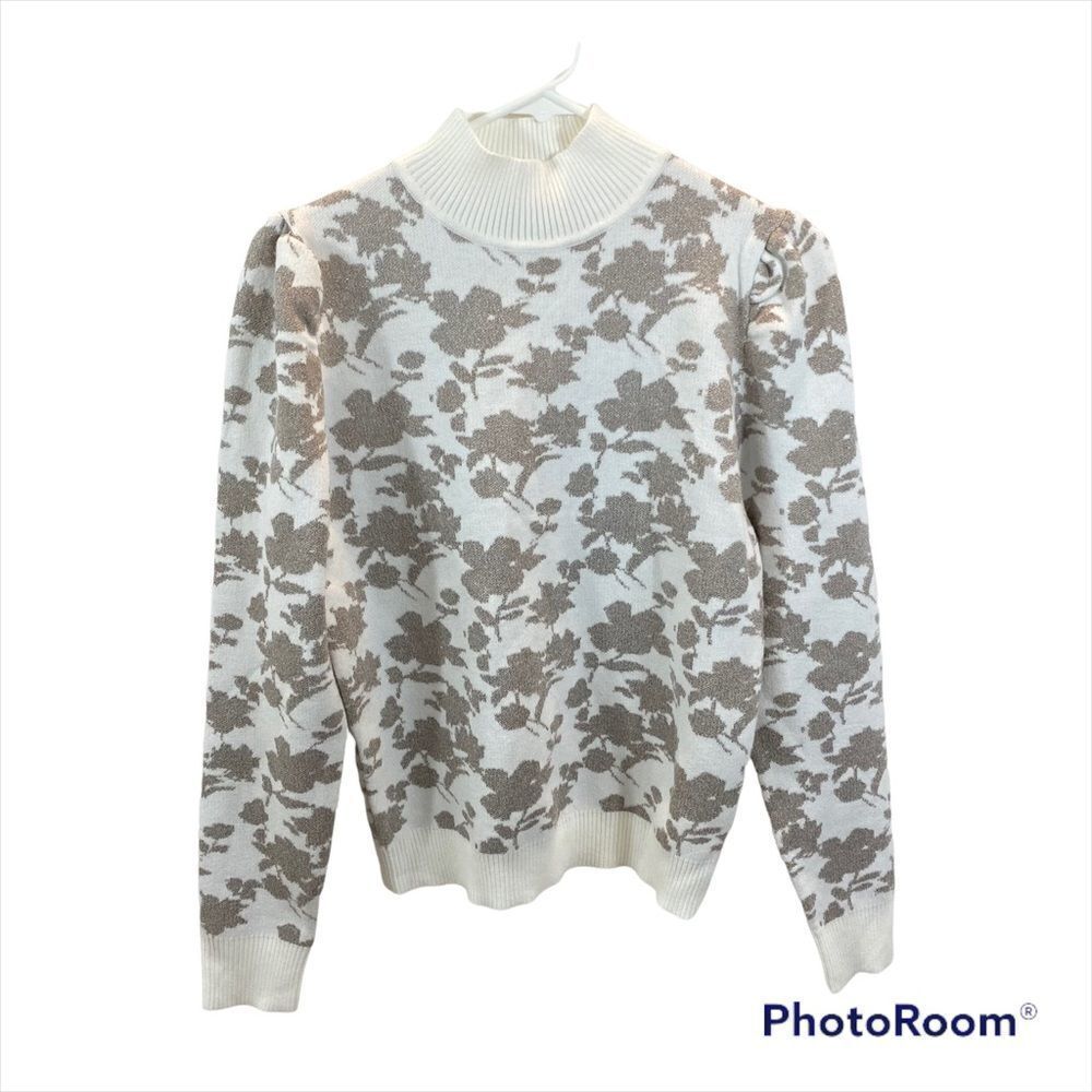 On Twelfth Brown and White Floral Print Sweater‎ Size Small Pleats at Shoulders